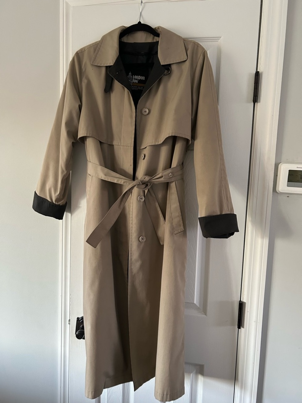 London Fog Tan Trench Coat with Black Accents